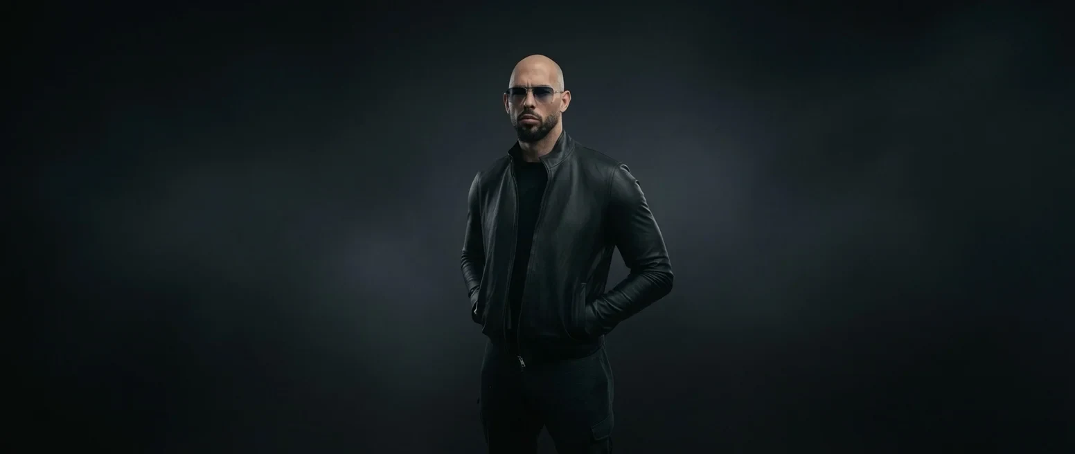 Andrew Tate con ropa de la marca Duel promocionando el casino cripto Duel.com