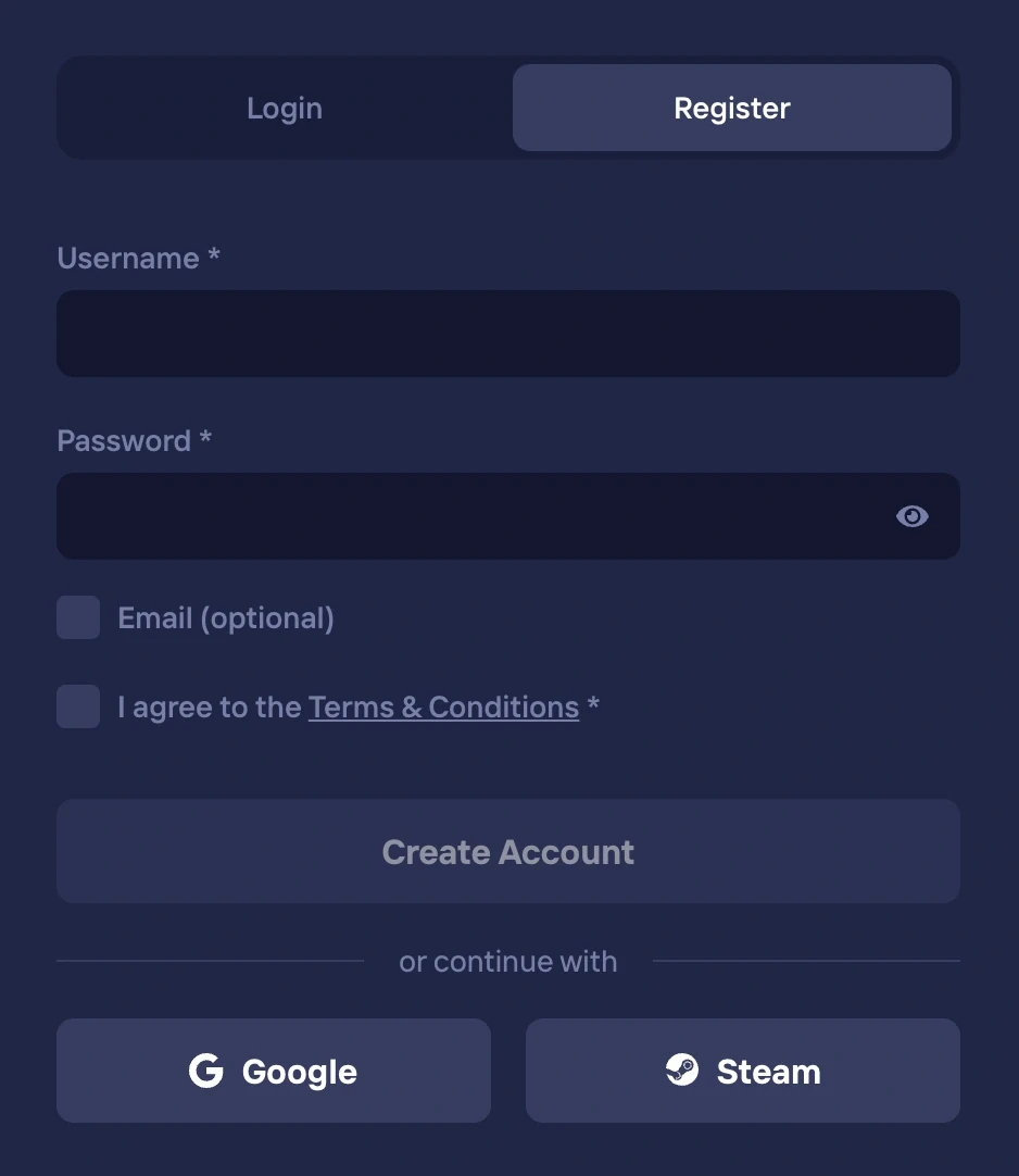 Formulario de registro de Duel Casino con usuario, contraseña y registro con Google o Steam